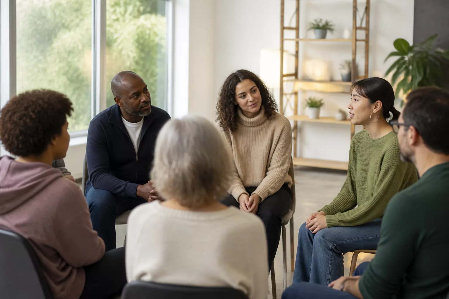 Grupo de personas conversando en círculo en un espacio comunitario luminoso